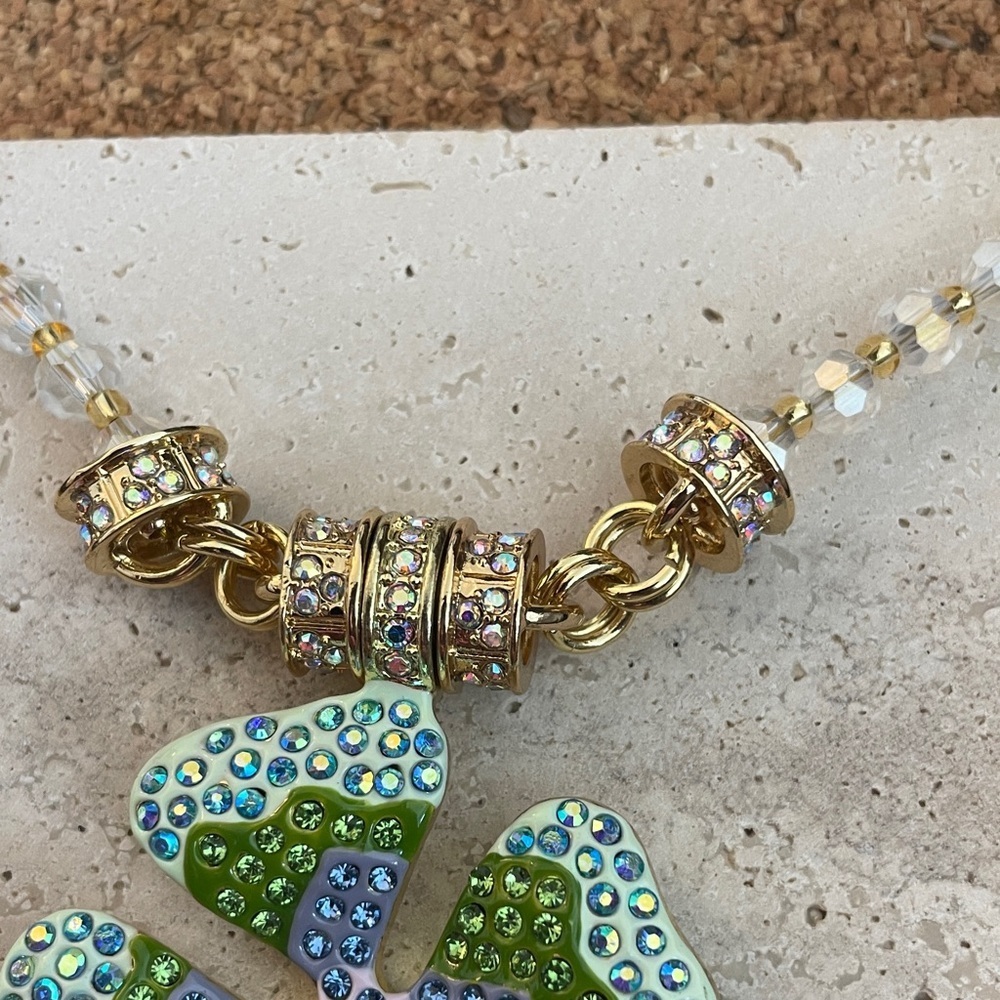 Kirks Folly Crystal Shamrock Clover Necklace Green Blue Lucky Charm Statement - Picture 3 of 6